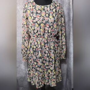 Loft Shimmer Floral Smocked Flounce Dress Long Sleeve Gray Pink Feminine Sz M